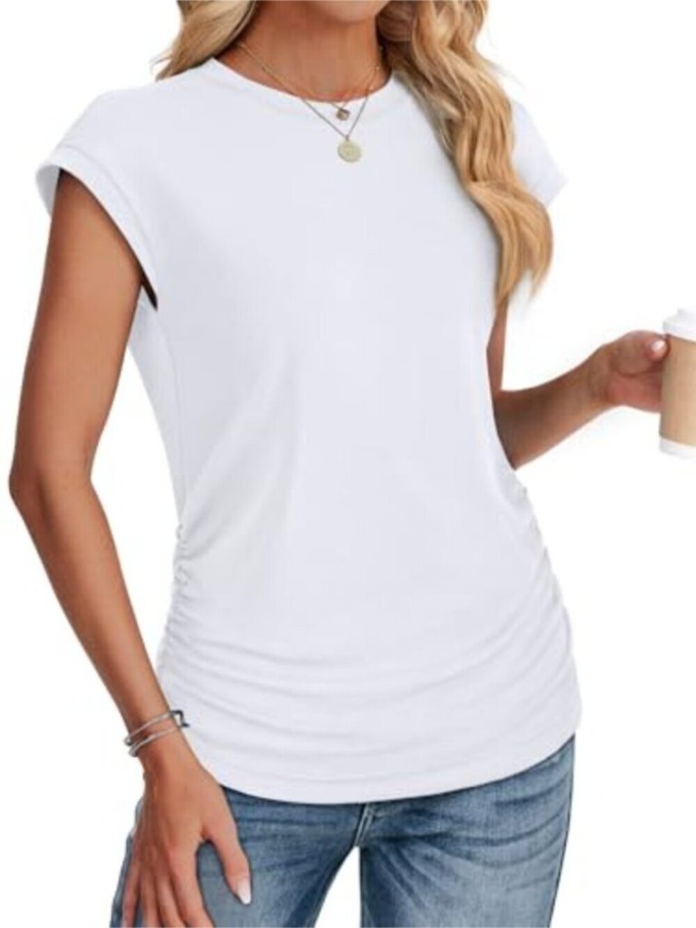 Ruched Cap Sleeve Tee – Trendy Summer Top - Picture 8 of 9